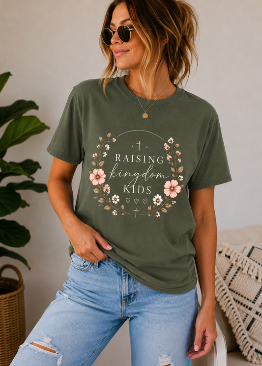 Raising Kingdom Kids Christian Mom Shirt | Floral Faith T-Shirt | Christian Mother’s Tee
