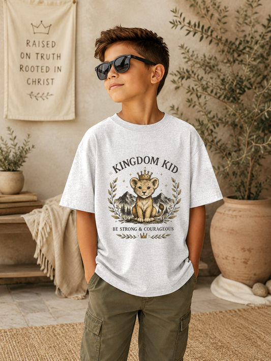 Kingdom Kid Christian Youth T-Shirt | Be Strong & Courageous Lion Tee | Faith-Based Kids Shirt | Bible Verse Clothing | Christian Gift for Kids
