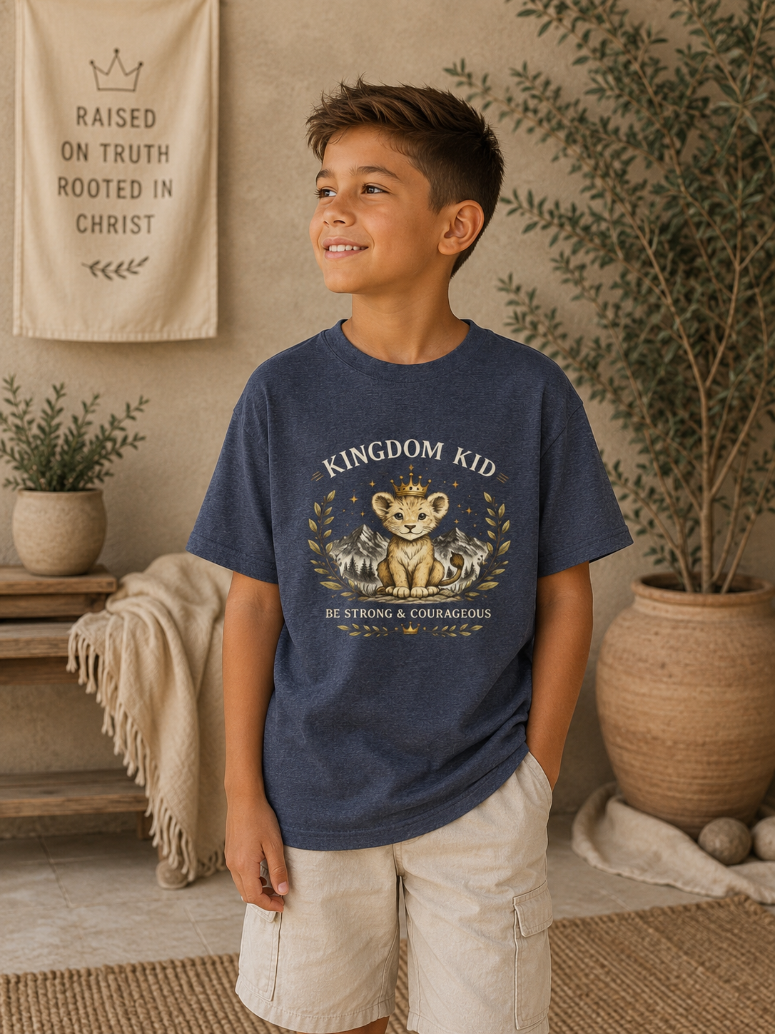 Kingdom Kid Christian Youth T-Shirt | Be Strong & Courageous Lion Tee | Faith-Based Kids Shirt | Bible Verse Clothing | Christian Gift for Kids