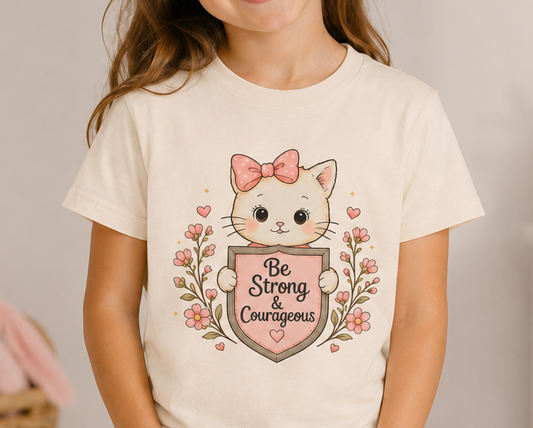 Be Strong & Courageous Cat Shirt | Christian Girls Tee | Cute Faith Kitten Shirt | Christian Gift for Girls