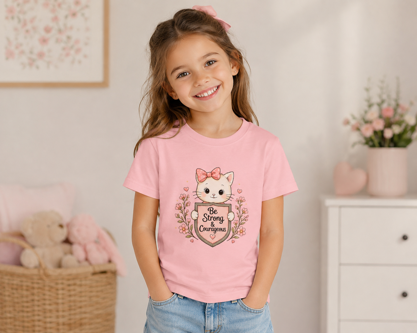 Be Strong & Courageous Cat Shirt | Christian Girls Tee | Cute Faith Kitten Shirt | Christian Gift for Girls