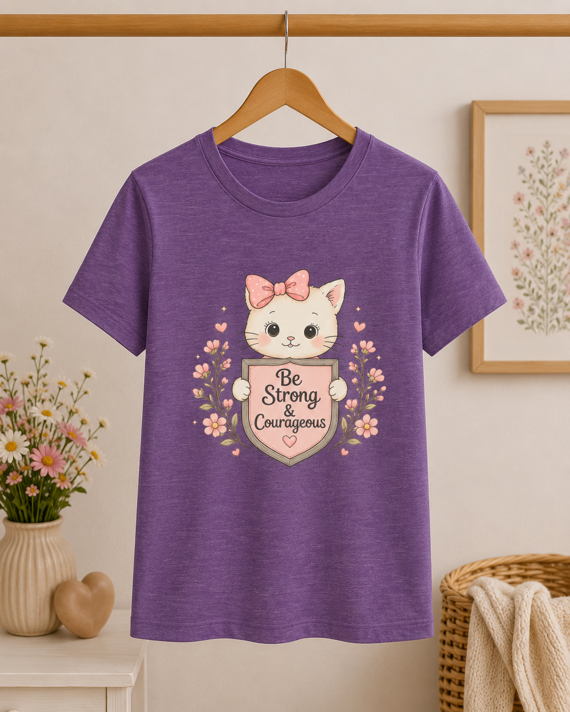 Be Strong & Courageous Cat Shirt | Christian Girls Tee | Cute Faith Kitten Shirt | Christian Gift for Girls