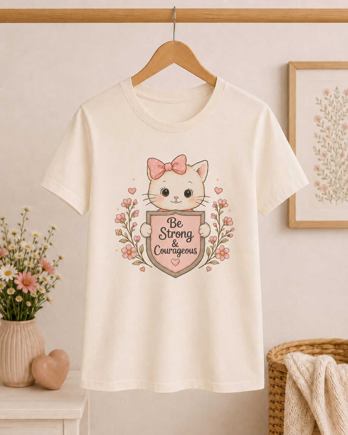 Be Strong & Courageous Cat Shirt | Christian Girls Tee | Cute Faith Kitten Shirt | Christian Gift for Girls