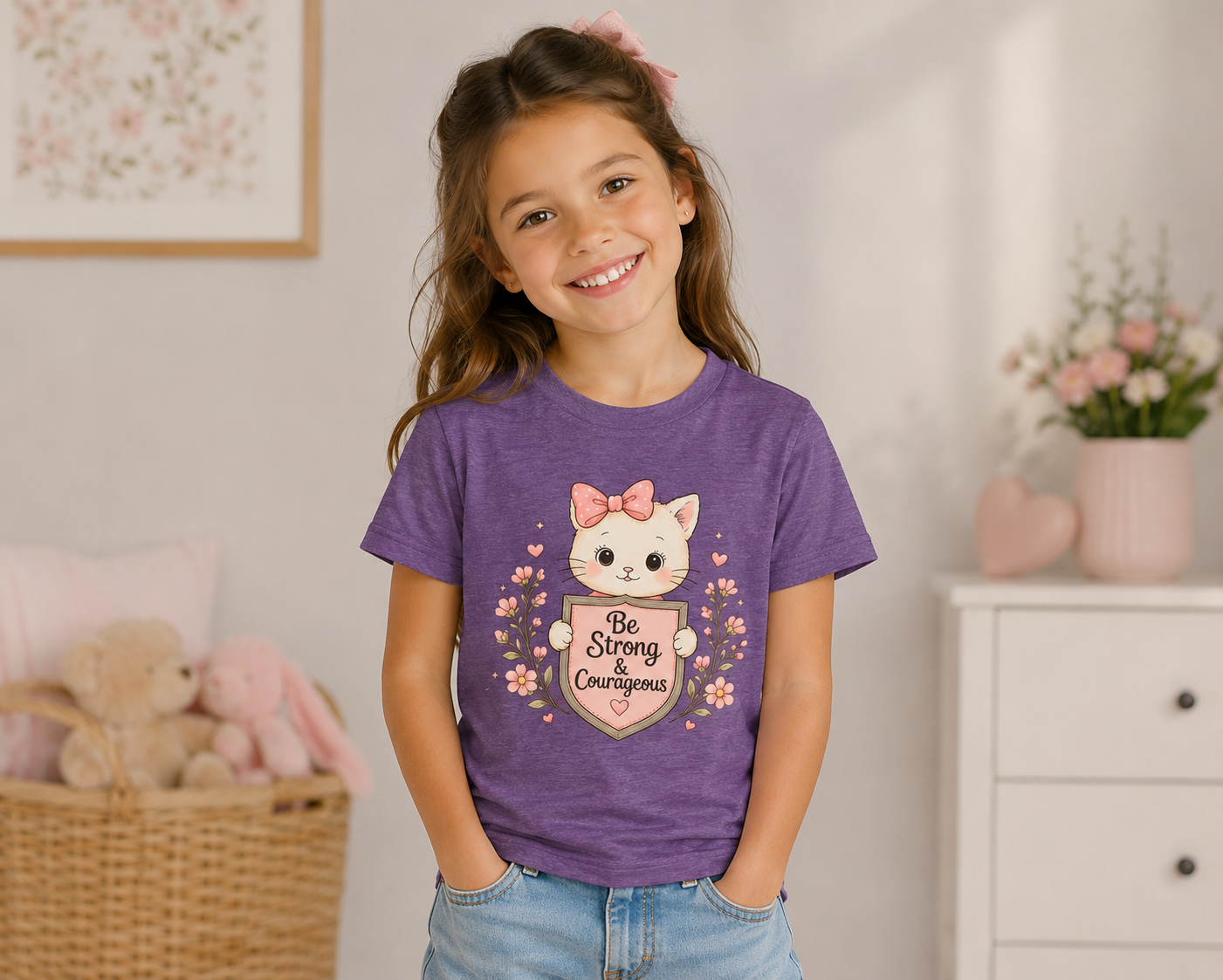 Be Strong & Courageous Cat Shirt | Christian Girls Tee | Cute Faith Kitten Shirt | Christian Gift for Girls