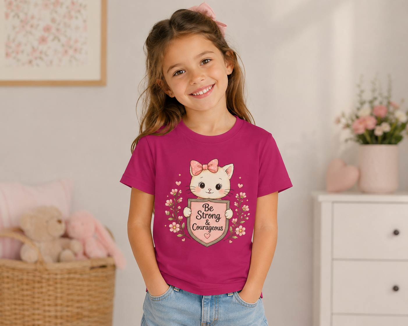 Be Strong & Courageous Cat Shirt | Christian Girls Tee | Cute Faith Kitten Shirt | Christian Gift for Girls