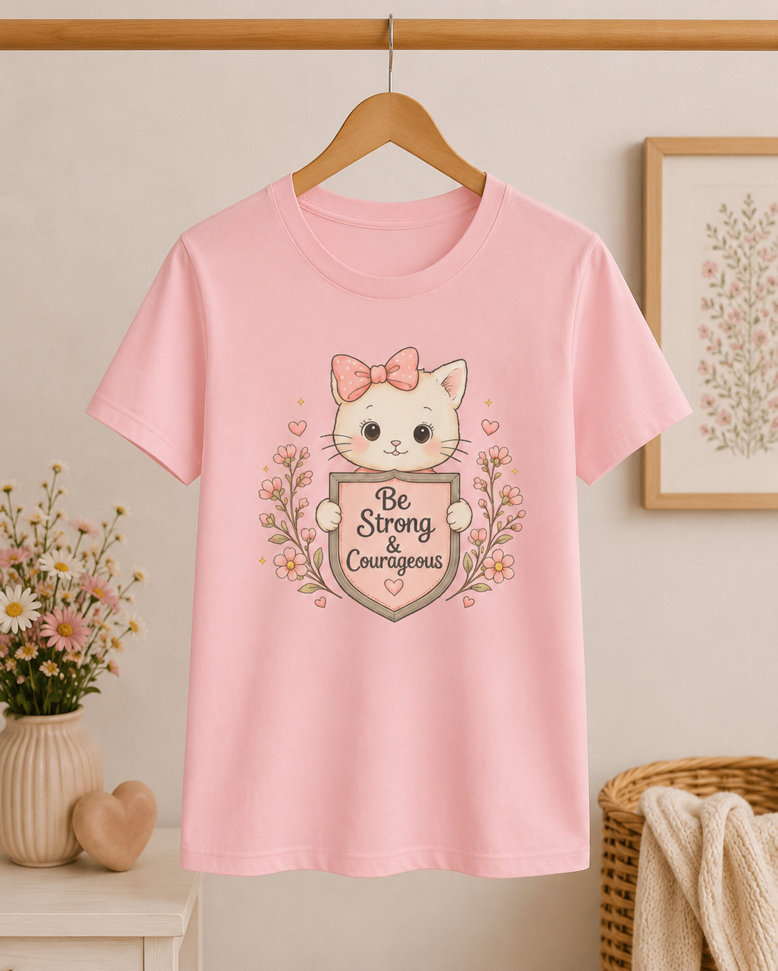 Be Strong & Courageous Cat Shirt | Christian Girls Tee | Cute Faith Kitten Shirt | Christian Gift for Girls
