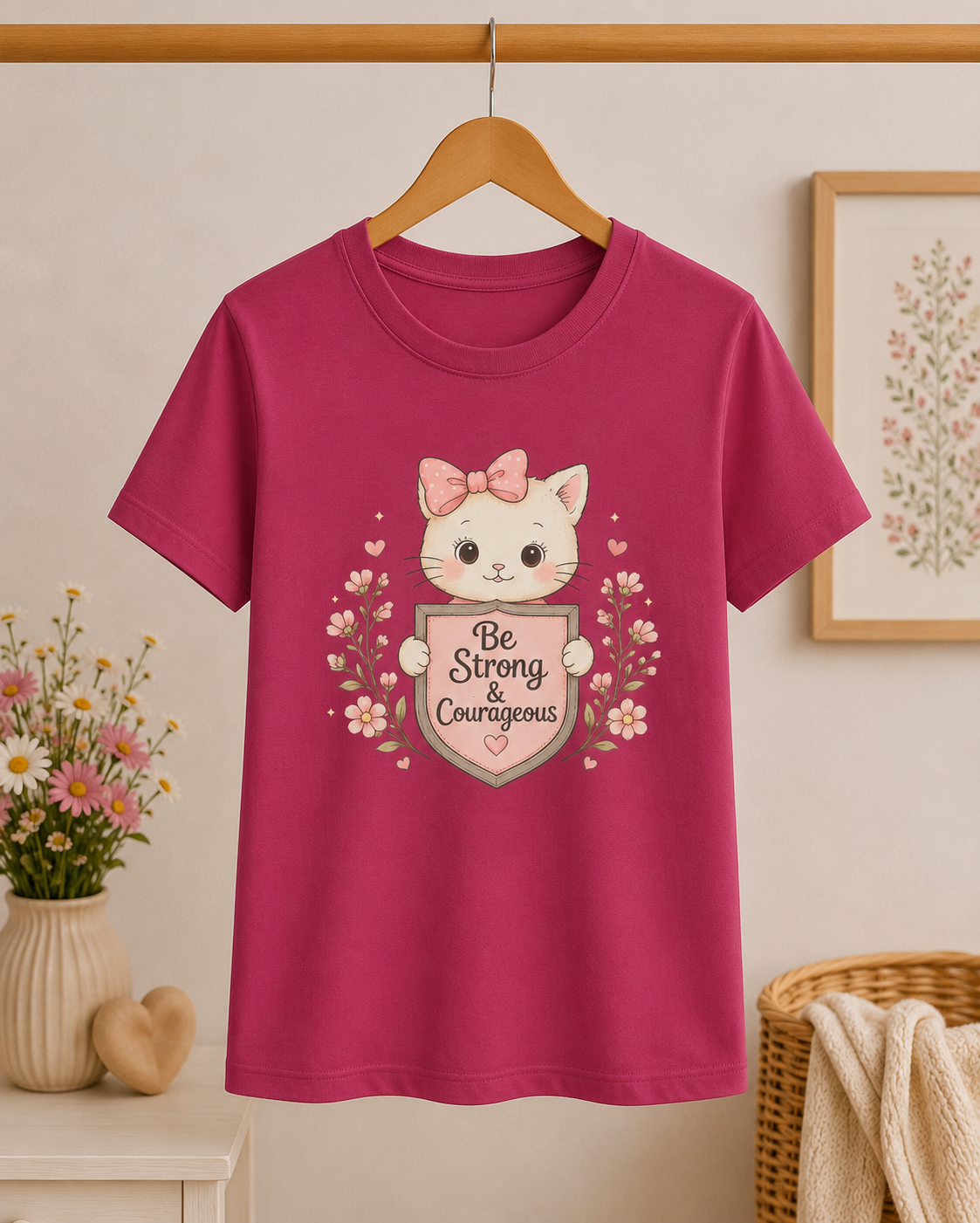 Be Strong & Courageous Cat Shirt | Christian Girls Tee | Cute Faith Kitten Shirt | Christian Gift for Girls