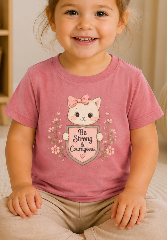 Be Strong & Courageous Baby Toddler Girl Christian T-Shirt | Cute Bible Verse Cat Shirt | Faith-Based Baby Toddler Tee | Scripture Gift for Girls