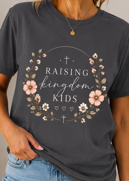Raising Kingdom Kids Christian Mom Shirt | Floral Faith T-Shirt | Christian Mother’s Tee