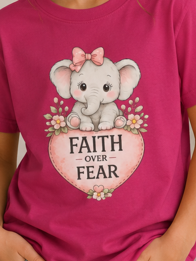 Faith Over Fear Elephant Shirt for Girls | Christian Kids T-Shirt | Bible Faith Tee | Inspirational Youth Shirt | Gift for Girls