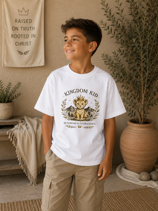 Kingdom Kid Christian Youth T-Shirt | Be Strong & Courageous Lion Tee | Faith-Based Kids Shirt | Bible Verse Clothing | Christian Gift for Kids