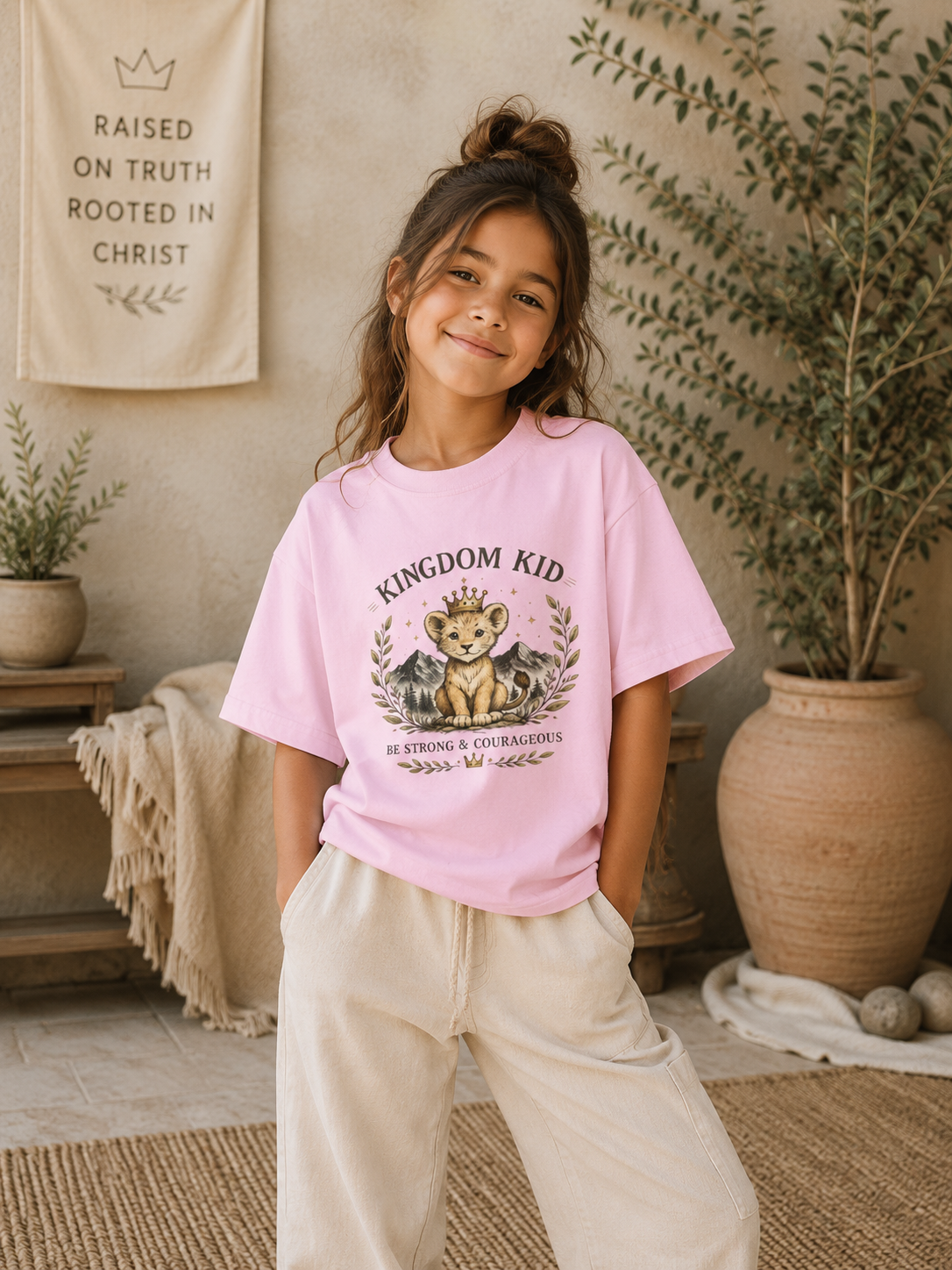Kingdom Kid Christian Youth T-Shirt | Be Strong & Courageous Lion Tee | Faith-Based Kids Shirt | Bible Verse Clothing | Christian Gift for Kids