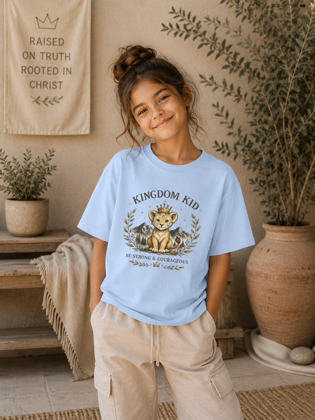 Kingdom Kid Christian Youth T-Shirt | Be Strong & Courageous Lion Tee | Faith-Based Kids Shirt | Bible Verse Clothing | Christian Gift for Kids
