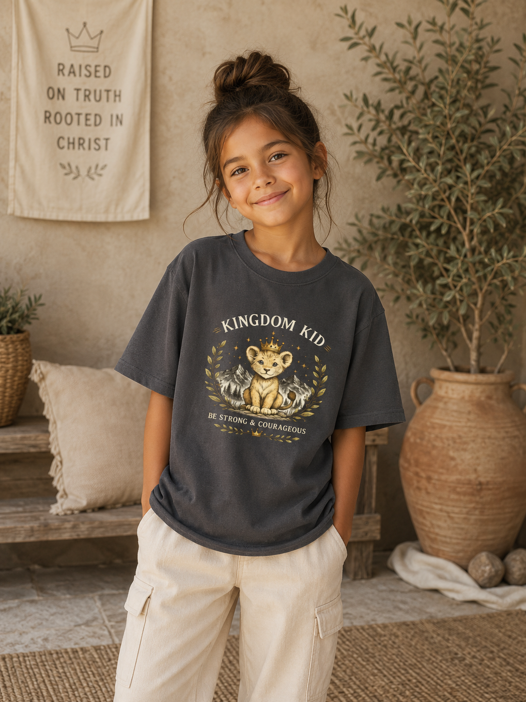 Kingdom Kid Christian Youth T-Shirt | Be Strong & Courageous Lion Tee | Faith-Based Kids Shirt | Bible Verse Clothing | Christian Gift for Kids