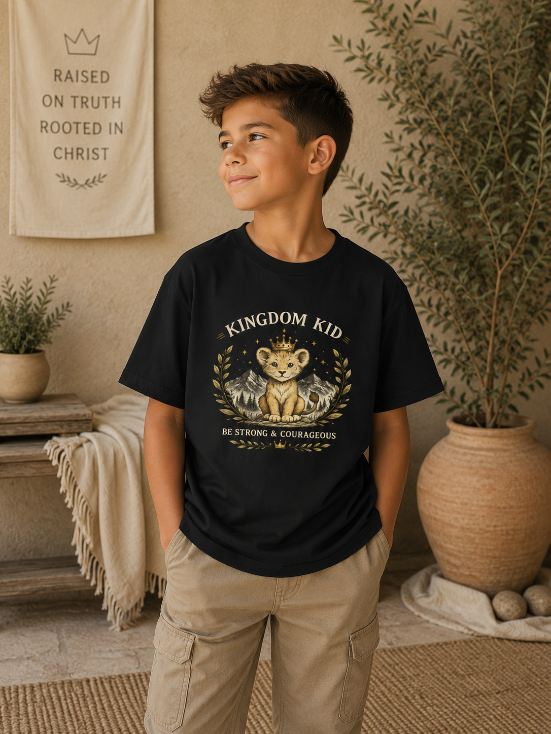 Kingdom Kid Christian Youth T-Shirt | Be Strong & Courageous Lion Tee | Faith-Based Kids Shirt | Bible Verse Clothing | Christian Gift for Kids